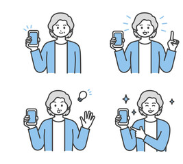 高齢女性がスマートフォンで連絡するイラスト素材