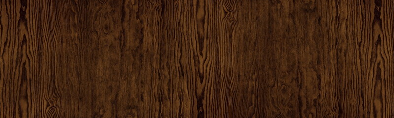 Dark brown wood grain wide panoramic texture. Natural larch plywood large backdrop. Wooden surface...
