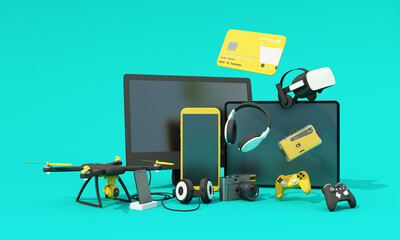 online shopping concept about electronics and gadgets in modern promotion period of new models consist of phone, vr, headphone, with drone and credit card on green background. realistic 3d rendering - obrazy, fototapety, plakaty