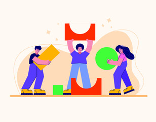 Teamwork, collaboration and cooperation concept. Group of young people business colleagues cartoon characters fixing pieces of one puzzle together as team members vector illustration