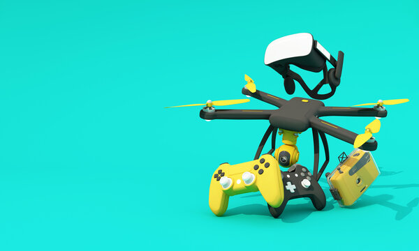 online shopping concept about electronics and gadgets in modern promotion period of new models consist of phone, vr, headphone, with drone and credit card on green background. realistic 3d rendering