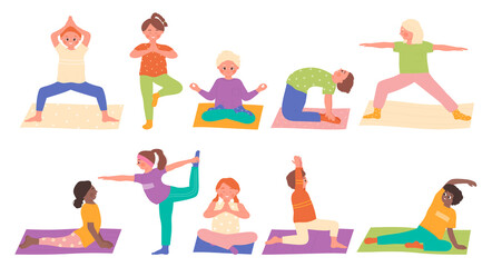 Yoga poses of cute kids set vector illustration. Cartoon children sit on gym mats, girls and boys stretching in asanas, school friends meditating isolated on white. Physical education, sport concept