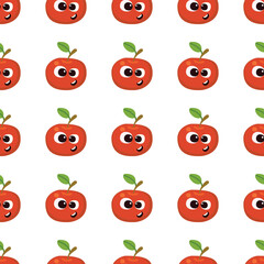 Fruit baby cartoon seamless pattern. Apple character with cute face pattern. Food background for kids wear or toys