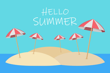 banner hello summer with umbrellas on the beach
