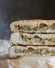 Pieces of fresh homemade organic apple pie, selective focus