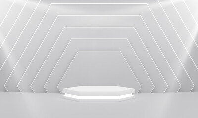 Podium with highlights on white hexagon pattern background for product display. Empty podium platform.