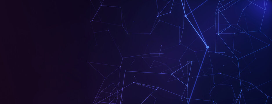 Panoramic abstract background of connecting dots as plexus in blue and purple.