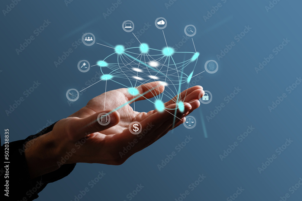 Poster digital communication and virtual screen metaverse technology concept web 3.0.hand touch globe inter