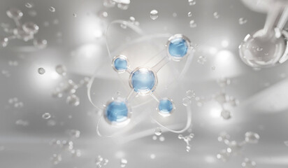 Realistic molecules background. Science illustration of a cream molecule. Hyaluronic acid skin solutions advertising, collagen serum drop with cosmetic advertising background. 3d rendering.