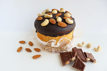 sweet pastries. chocolate panettone with almonds and nuts. chocolate cake