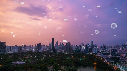Business data analytic interface fly over smart city showing alteration future of business intelligence. Computer software and artificial intelligence are used to analyze big data for strategic plan .
