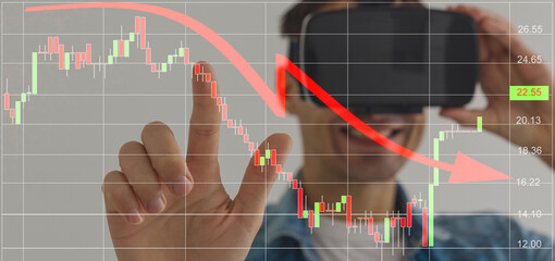 Man in virtual reality headset against chart in the fall, going down, research, invention