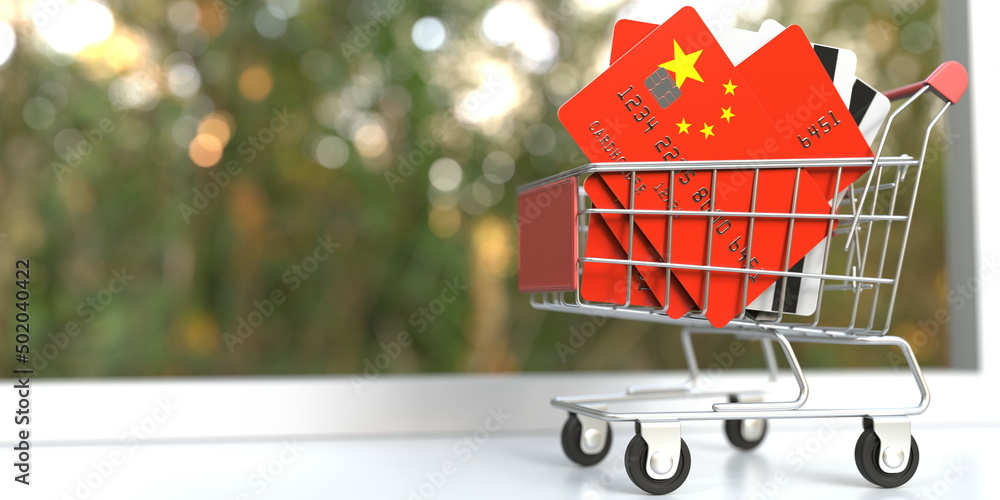 Poster credit card mockups with flags of china in a small shopping cart. 3d rendering