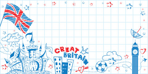 Cute lovely hand drawn doodle ink cartoon poster with Great Britain flag, castle, Big Ben on the paper sheet. Tourism vector background with empty space. Horizontal sticker, bookmark.
