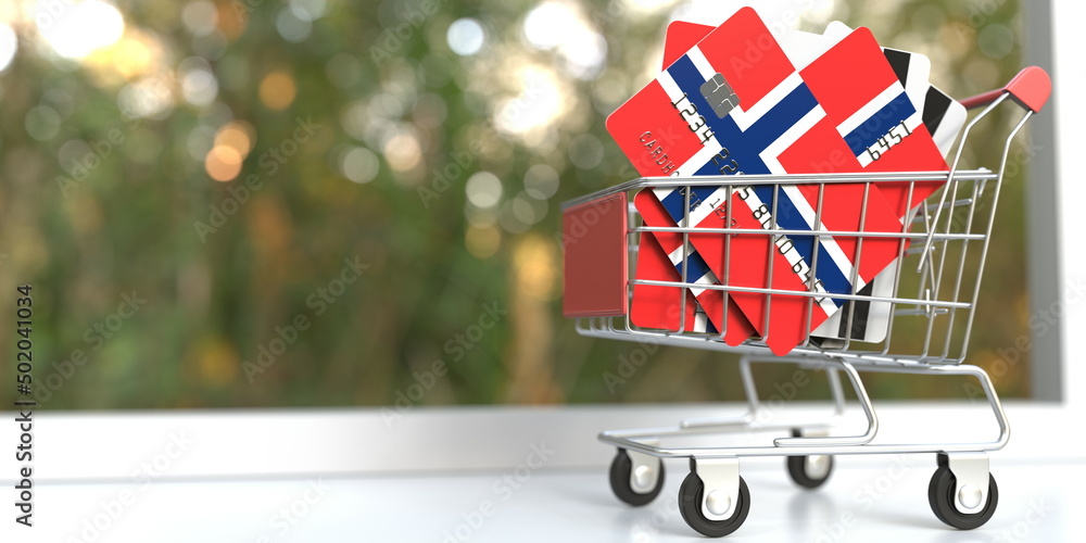Poster bank card mockups with flags of norway in a small shopping cart. 3d rendering
