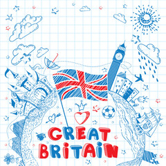 Cute and lovely hand drawn doodle ink cartoon poster with Great Britain flag, ship, castle, cities, Big Ben on the notebook sheet. Tourism vector background with empty space.