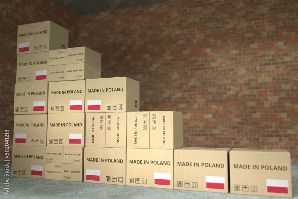 Poster boxes with made in poland text form a declining bar chart. crisis related conceptual 3d rendering