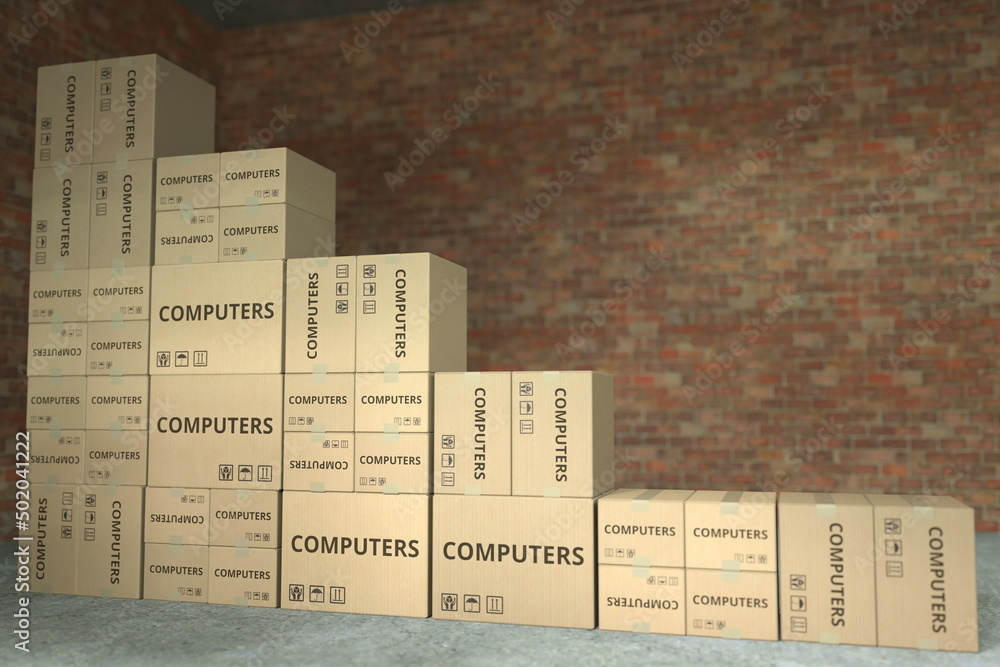 Fototapete boxes with computers form a declining bar chart. crisis related conceptual 3d rendering
