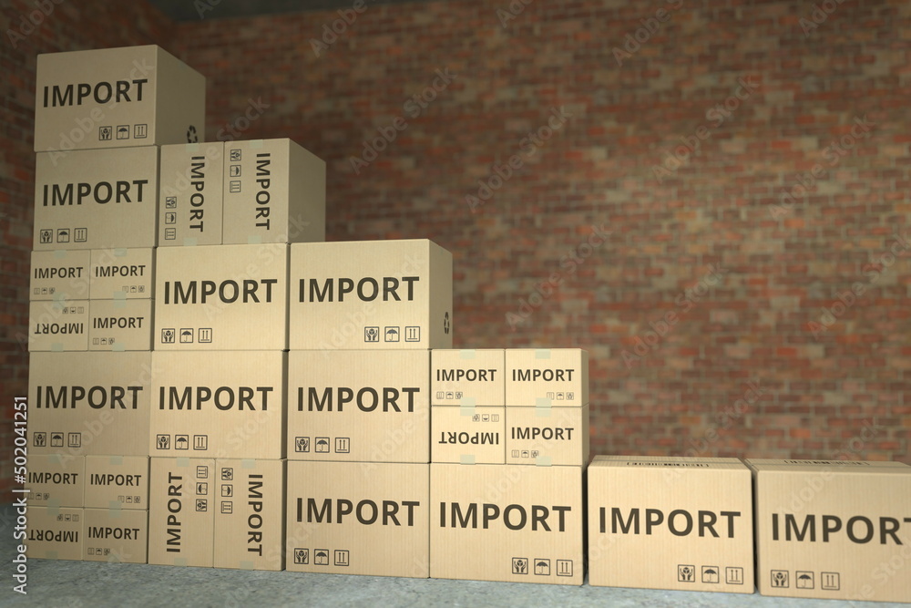 Poster declining bar chart made with boxes with import text. conceptual 3d rendering