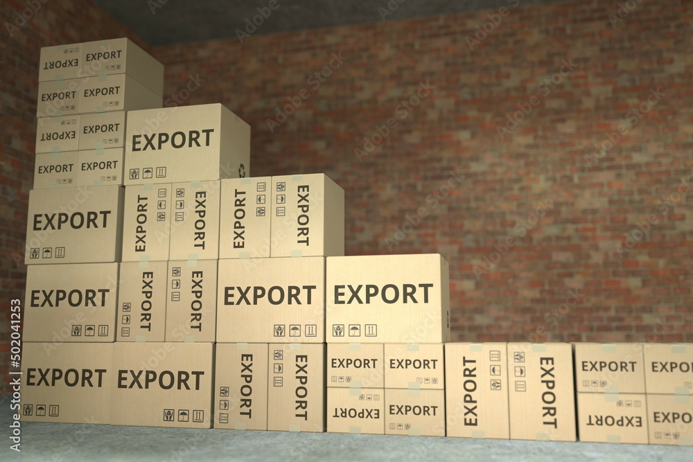 Leinwandbilder declining bar chart made with boxes with export text. conceptual 3d rendering