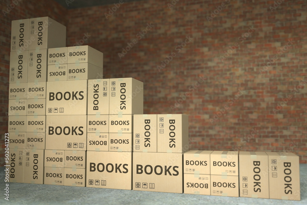 Poster declining bar chart made with boxes with books. conceptual 3d rendering