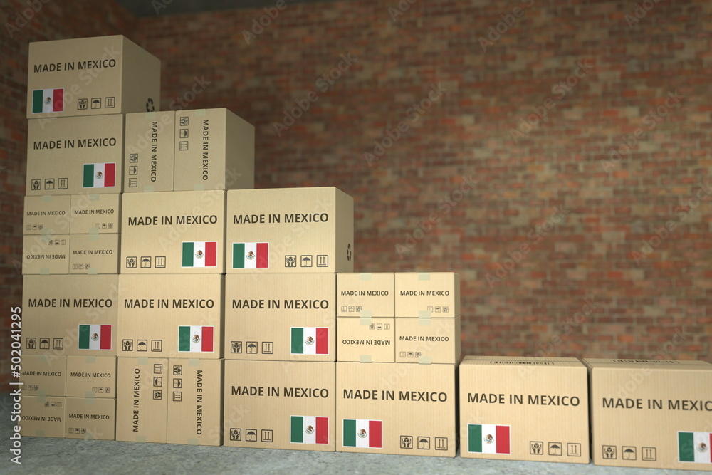 Poster declining bar chart made with boxes with made in mexico text. conceptual 3d rendering
