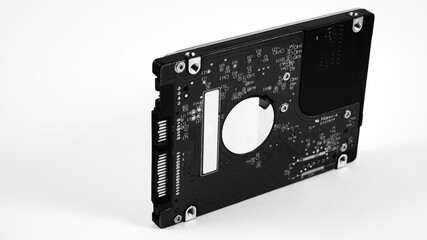 Laptop hard drive on white background. Laptop hard drive back view