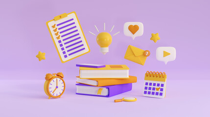 3d education concept poster for university and school. Stack of the books, calendar, clock, speach bubbles, stars and note flying on violet background. Realistic 3d high quality render