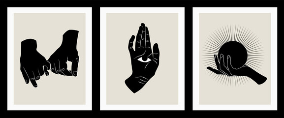 Abstract poster collection with hands. Set of contemporary scandinavian print templates. 	
Set of three abstract minimalist aesthetic backgrounds with sun, hand, eye. 