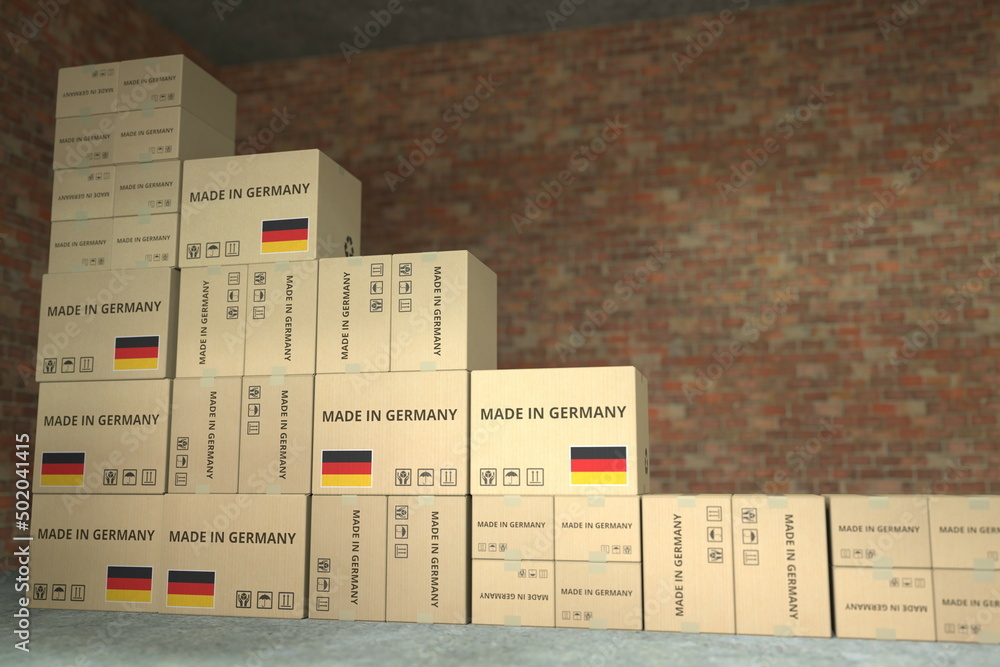 Poster declining bar chart made with boxes with made in germany text. conceptual 3d rendering