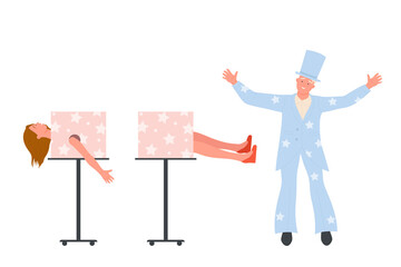 Scene of circus magician trick with assistant. Wizard cutting woman in half vector illustration