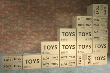 Stacks of boxes with TOYS text make up a rising chart, business success related conceptual 3D rendering