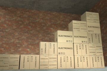 Many cardboard boxes with ELECTRONICS text compose a rising chart. Business growth conceptual 3D rendering