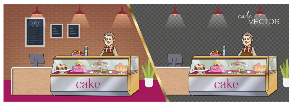 Cake shop cake shop uncle in the cupboard colorful cakes menu cash register lights cartoon vector