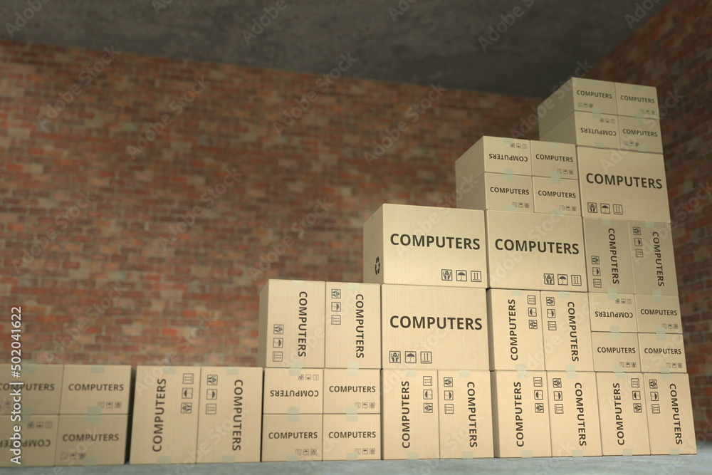 Aufkleber stacks of boxes with computers text make up a rising chart, business success related conceptual 3d r