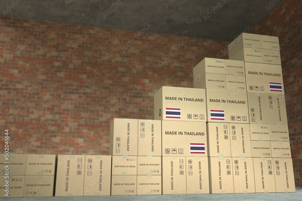 Aufkleber stacks of boxes with made in thailand text make up a rising chart, business success related conceptu