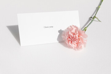Pink carnations and message card. I love you