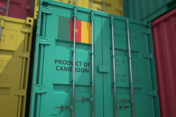 Shipping container with goods from Cameroon and printed national flag. Production related 3D rendering