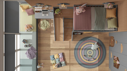 Modern wooden children bedroom with bunk bed in gray and pastel tones, parquet, window with sofa, desk, wardrobe, carpet, toys and decors. Top view, plan, above, interior design idea