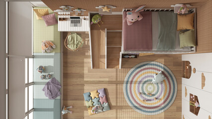 Modern wooden children bedroom with bunk bed in white and pastel tones, parquet, window with sofa, desk, wardrobe, carpet, toys and decors. Top view, plan, above, interior design idea