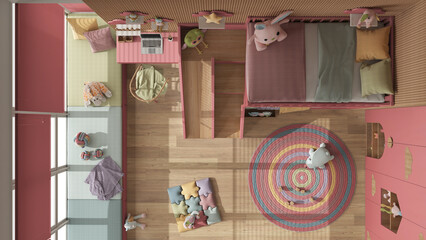 Modern wooden children bedroom with bunk bed in pink and pastel tones, parquet, window with sofa, desk, wardrobe, carpet, toys and decors. Top view, plan, above, interior design idea