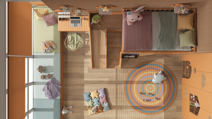 Modern wooden children bedroom with bunk bed in orange and pastel tones, parquet, window, sofa, desk, wardrobe, carpet, toys and decors. Top view, plan, above, interior design idea