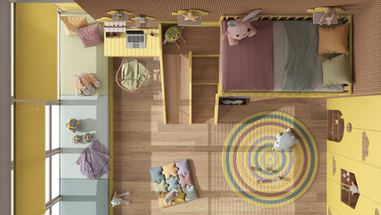 Modern wooden children bedroom with bunk bed in yellow and pastel tones, parquet, window, sofa, desk, wardrobe, carpet, toys and decors. Top view, plan, above, interior design idea