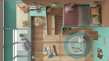 Modern wooden children bedroom with bunk bed in turquoise and pastel tones, parquet, window, sofa, desk, wardrobe, carpet, toys and decors. Top view, plan, above, interior design idea