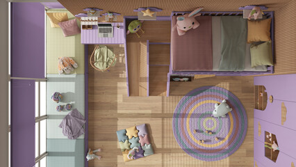 Modern wooden children bedroom with bunk bed in purple and pastel tones, parquet, window, sofa, desk, wardrobe, carpet, toys and decors. Top view, plan, above, interior design idea
