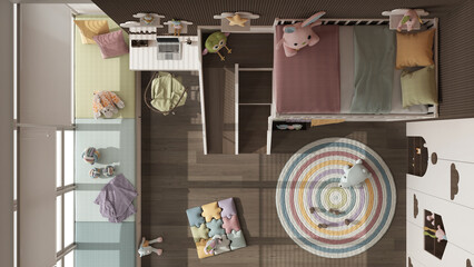 Modern wooden children bedroom with bunk bed in dark and pastel tones, parquet, window with sofa, desk, wardrobe, carpet, toys and decors. Top view, plan, above, interior design idea
