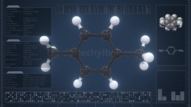 Molecule of 1,4-dimethylbenzene with infographics on the computer monitor, loopable 3d animation
