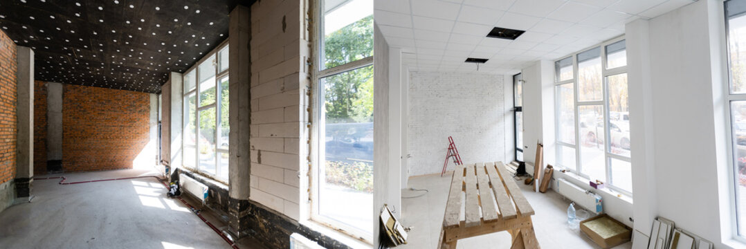 Room with unfinished walls and a room after repair. Before and after renovation in new housing