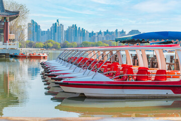 Fototapeta premium Rows of yachts on the lake