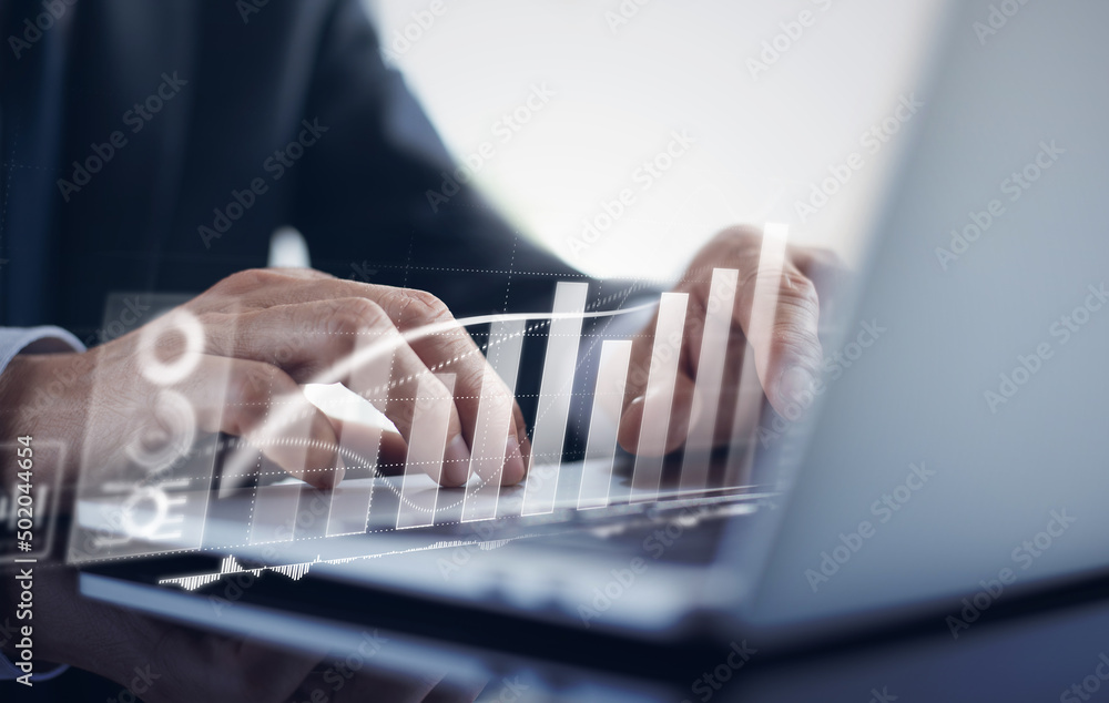 Poster businessman working with digital tablet computer virtual dashboard analyzing finance sales data and 